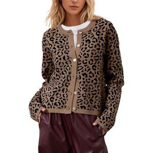 Leopard Cardigan Cotton Blend Long Sleeve Open Front Button Casual Top